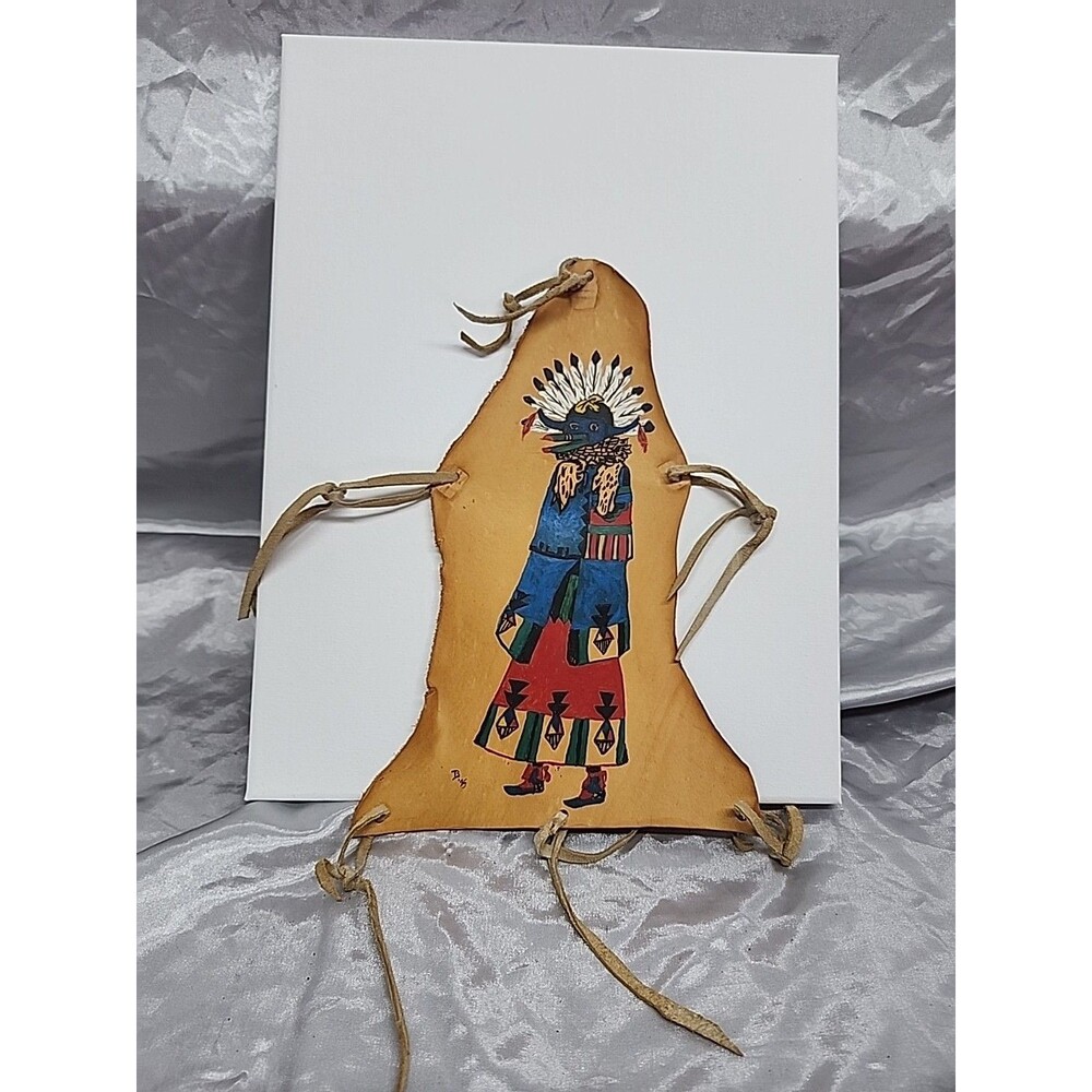 Handmade leather Native American style wall art, hand painting  11.5 x 8